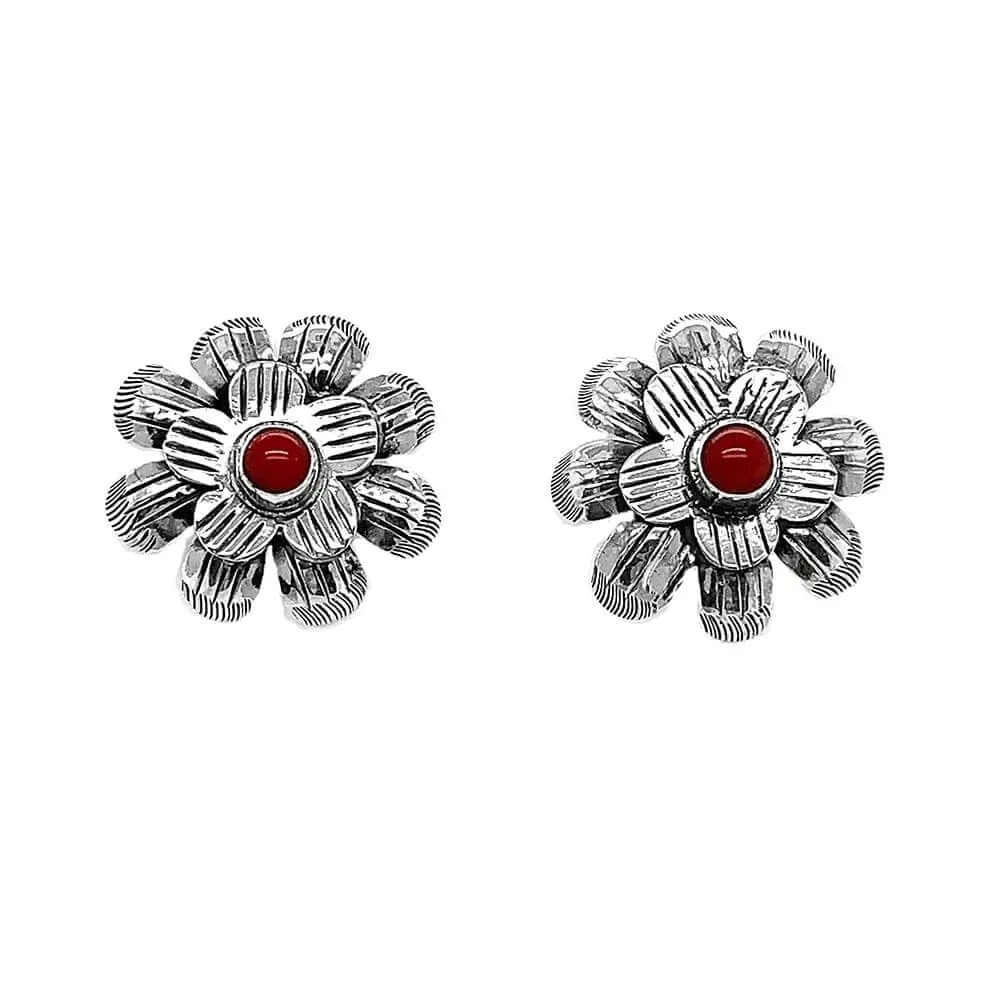 Silver Flower Earrings with Small Stone - Nueve Sterling