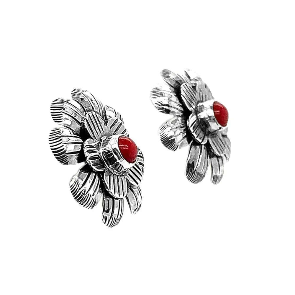 Silver Flower Earrings with Small Stone side - Nueve Sterling
