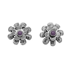Silver Flower Earrings with Small Stone amethyst - Nueve Sterling