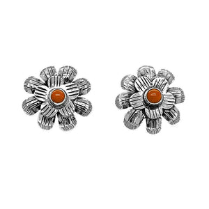 Silver Flower Earrings with Small Stone coral - Nueve Sterling