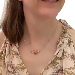 Silver Flower Necklace With Coral with model - Nueve Sterling