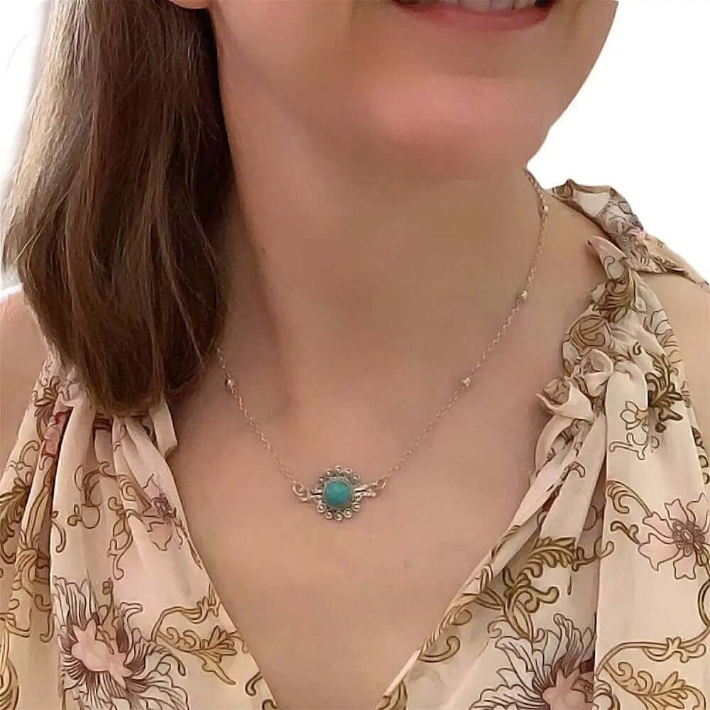 Silver Flower Necklace With Turquoise with model - Nueve Sterling
