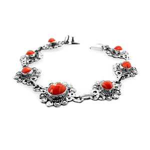 Silver Flowers Bracelet With Coral - Nueve Sterling
