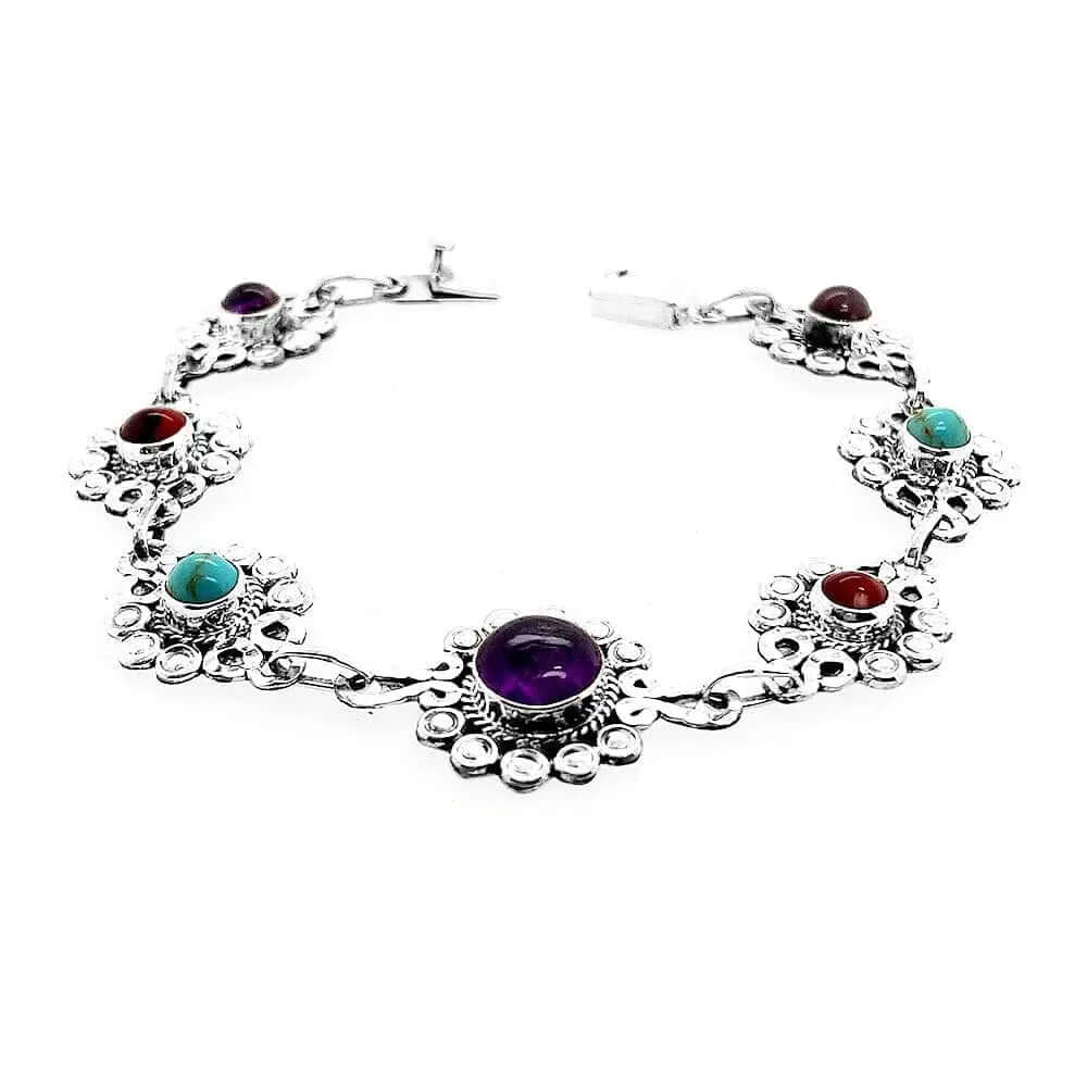 Silver Flowers Bracelet With Gemstones - Nueve Sterling