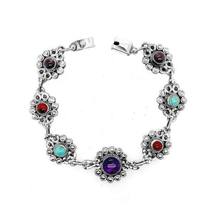 Silver Flowers Bracelet With Gemstones top- Nueve Sterling