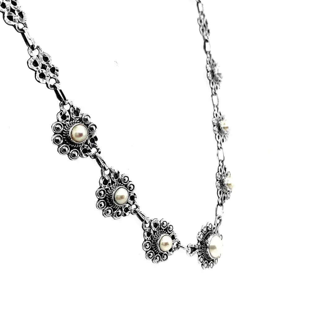 Silver Flowers Necklace With Pearl side - Nueve Sterling