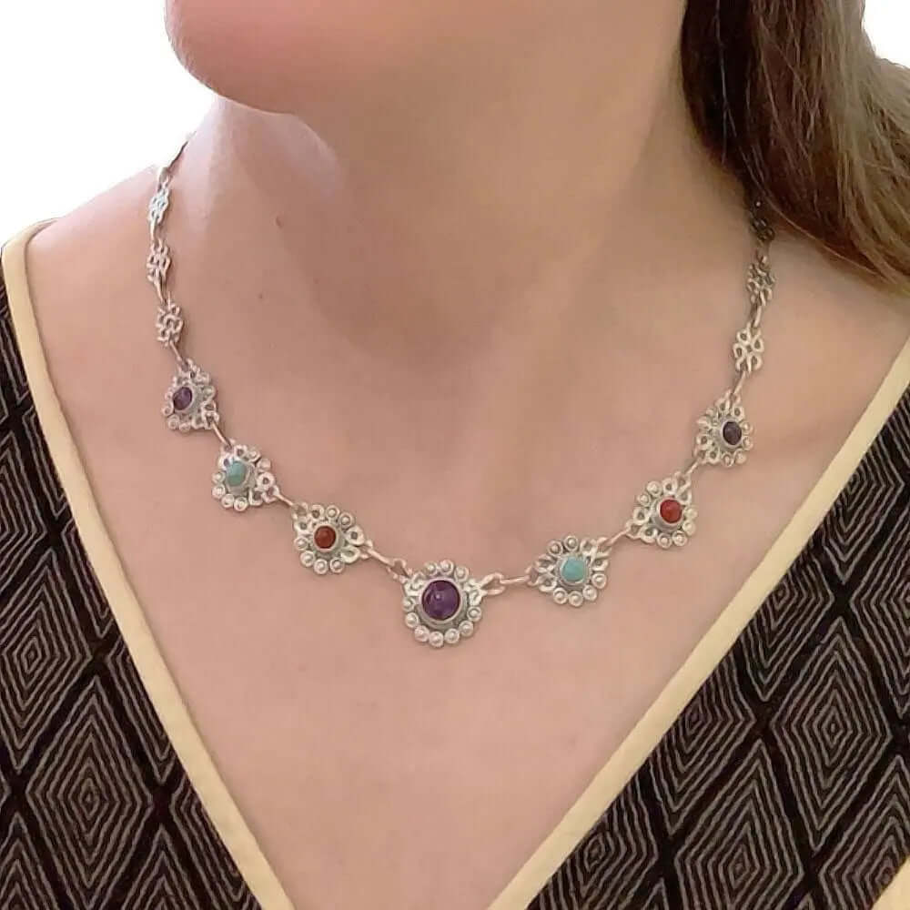 Silver Flowers Necklace With Gemstones with model - Nueve Sterling