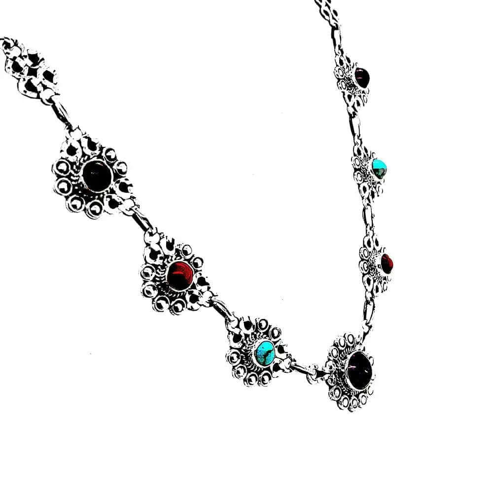 Silver Flowers Necklace With Gemstones side - Nueve Sterling