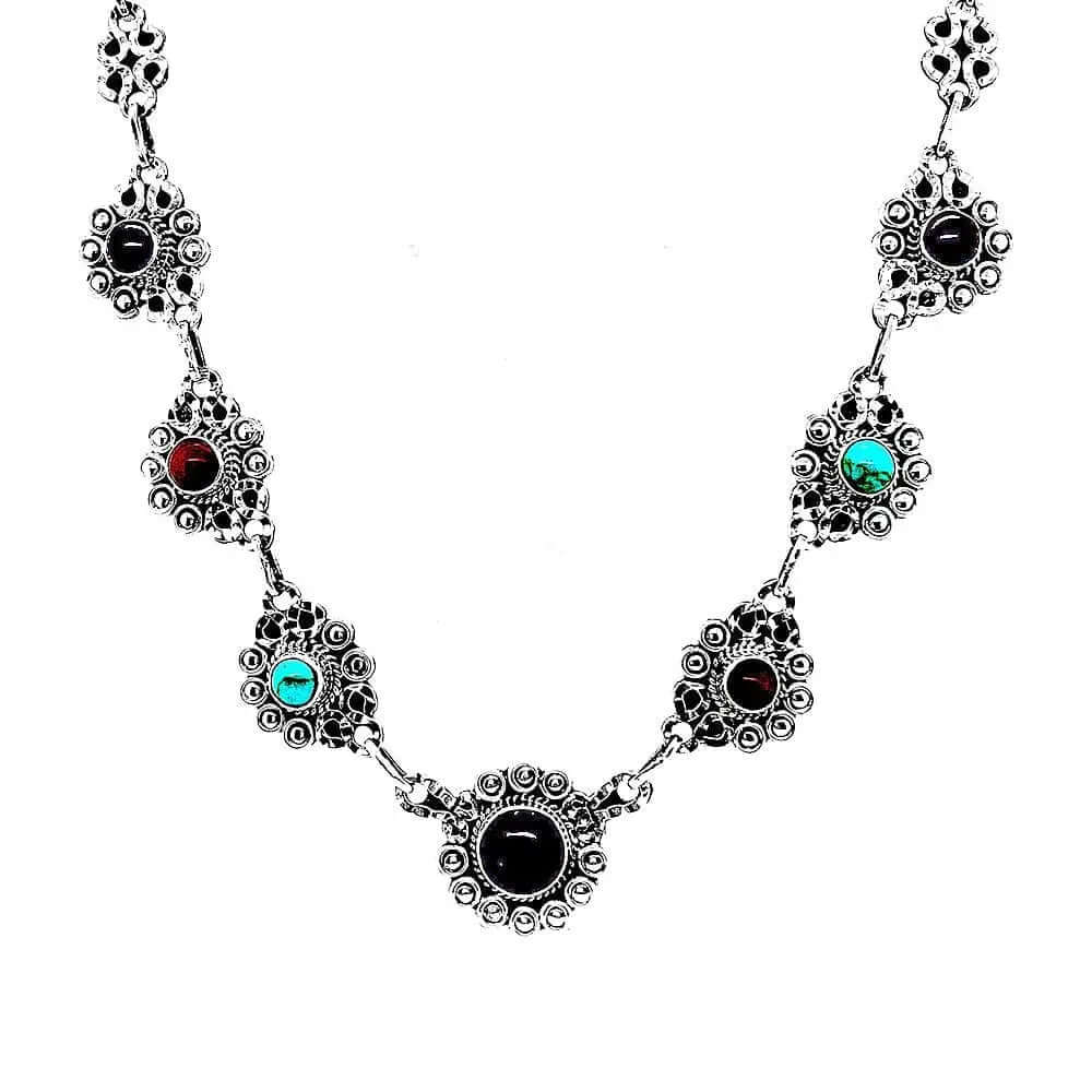 Silver Flowers Necklace With Gemstones front
