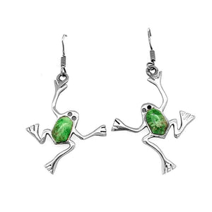 Silver Frog Earrings with Green Turquoise - Nueve Sterling