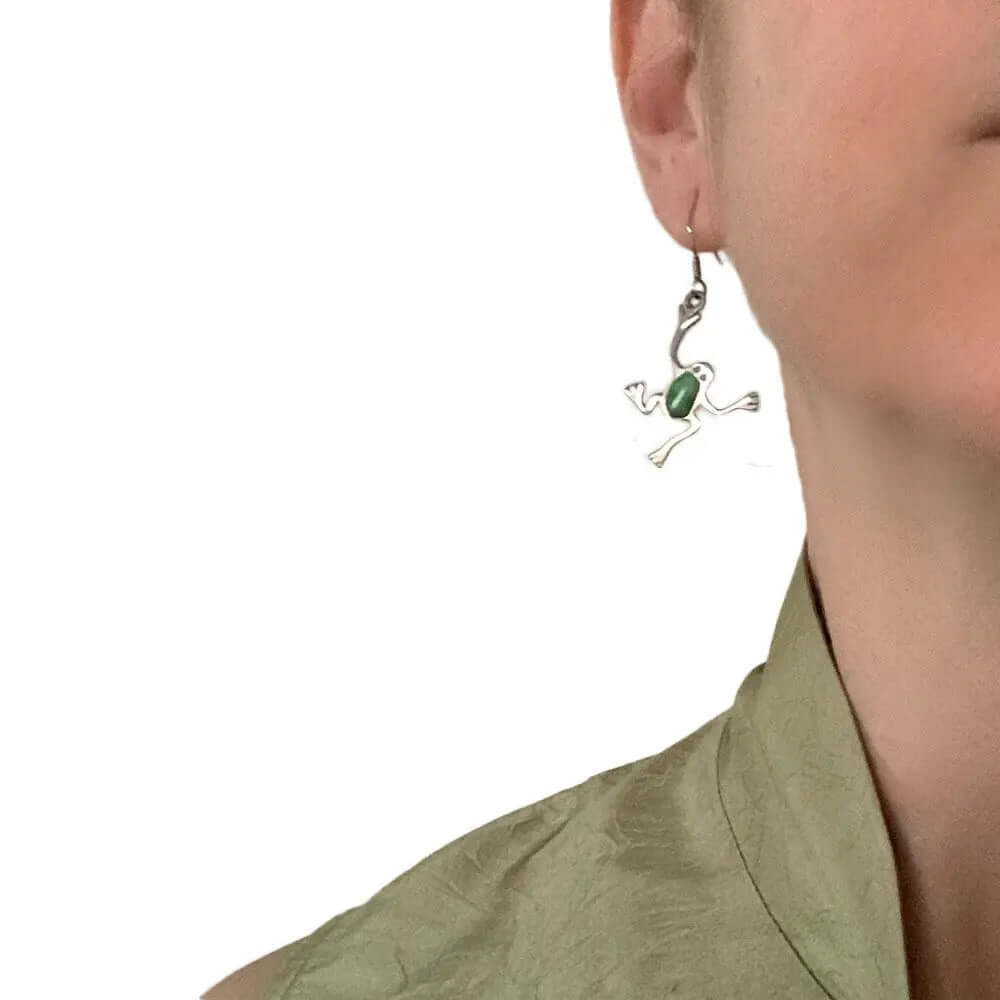 Silver Frog Earrings with Green Turquoise with model - Nueve Sterling