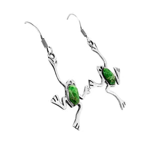 Silver Frog Earrings with Green Turquoise side - Nueve Sterling