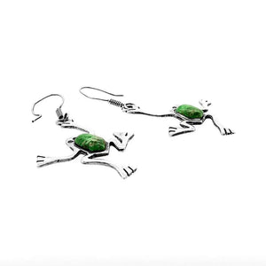 Silver Frog Earrings with Green Turquoise flat - Nueve Sterling