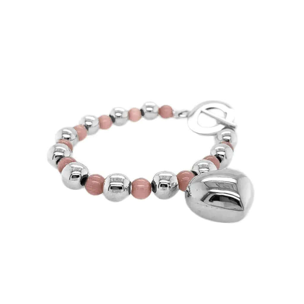 %product Silver Heart Bracelet With 925 Silver Beads And Pink Cats Eye Stone Nueve Sterling