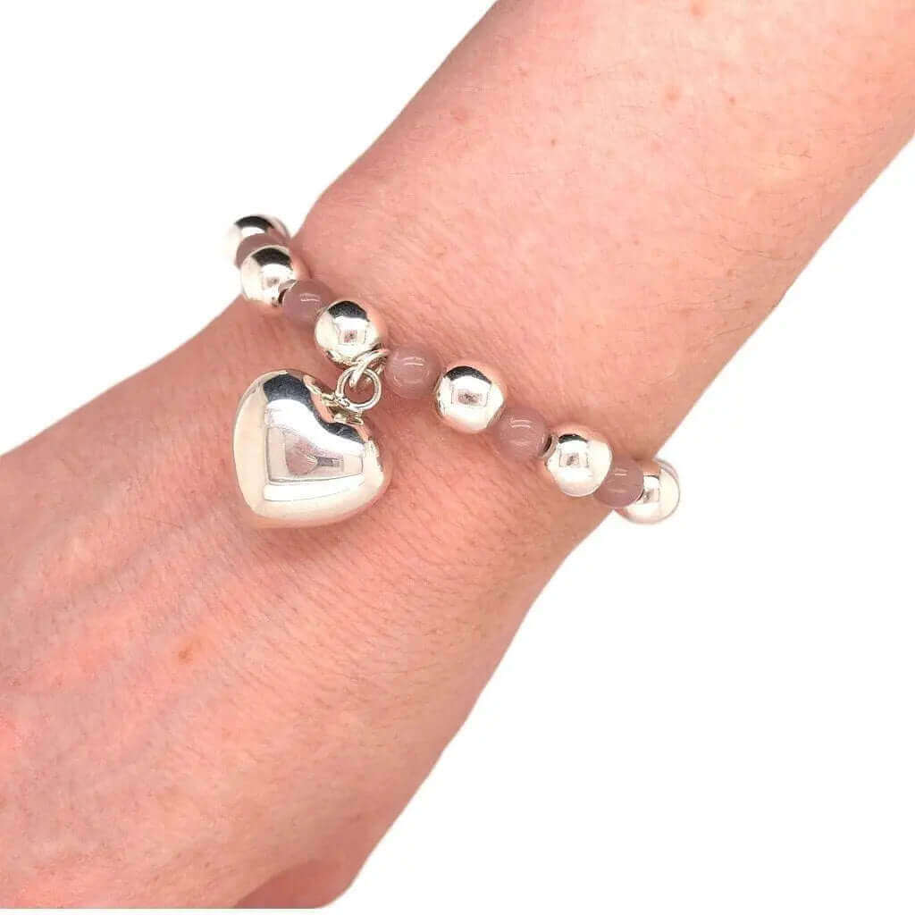 %product Silver Heart Bracelet With 925 Silver Beads And Pink Cats Eye Stone Nueve Sterling