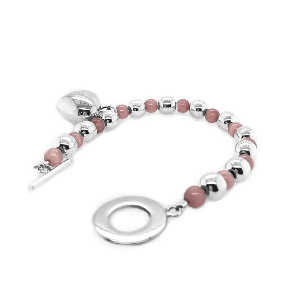 %product Silver Heart Bracelet With 925 Silver Beads And Pink Cats Eye Stone Nueve Sterling