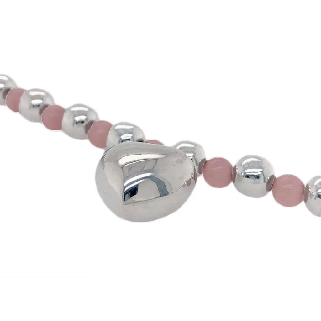 %product Silver Heart Bracelet With 925 Silver Beads And Pink Cats Eye Stone Nueve Sterling