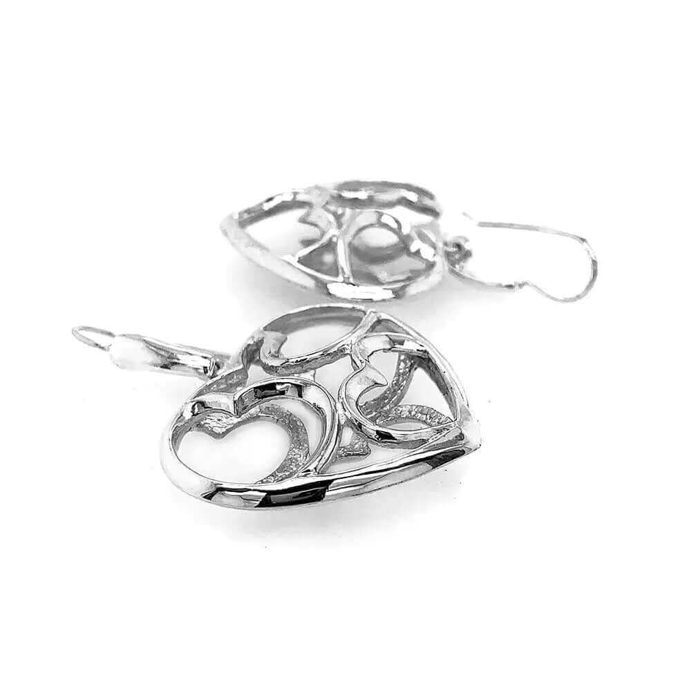 Silver Heart Earrings With A Puffed Openwork Finish flat - Nueve Sterling