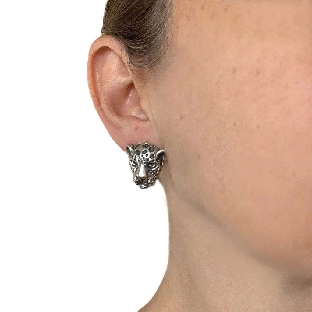 Silver Jaguar Earrings with model - Nueve Sterling