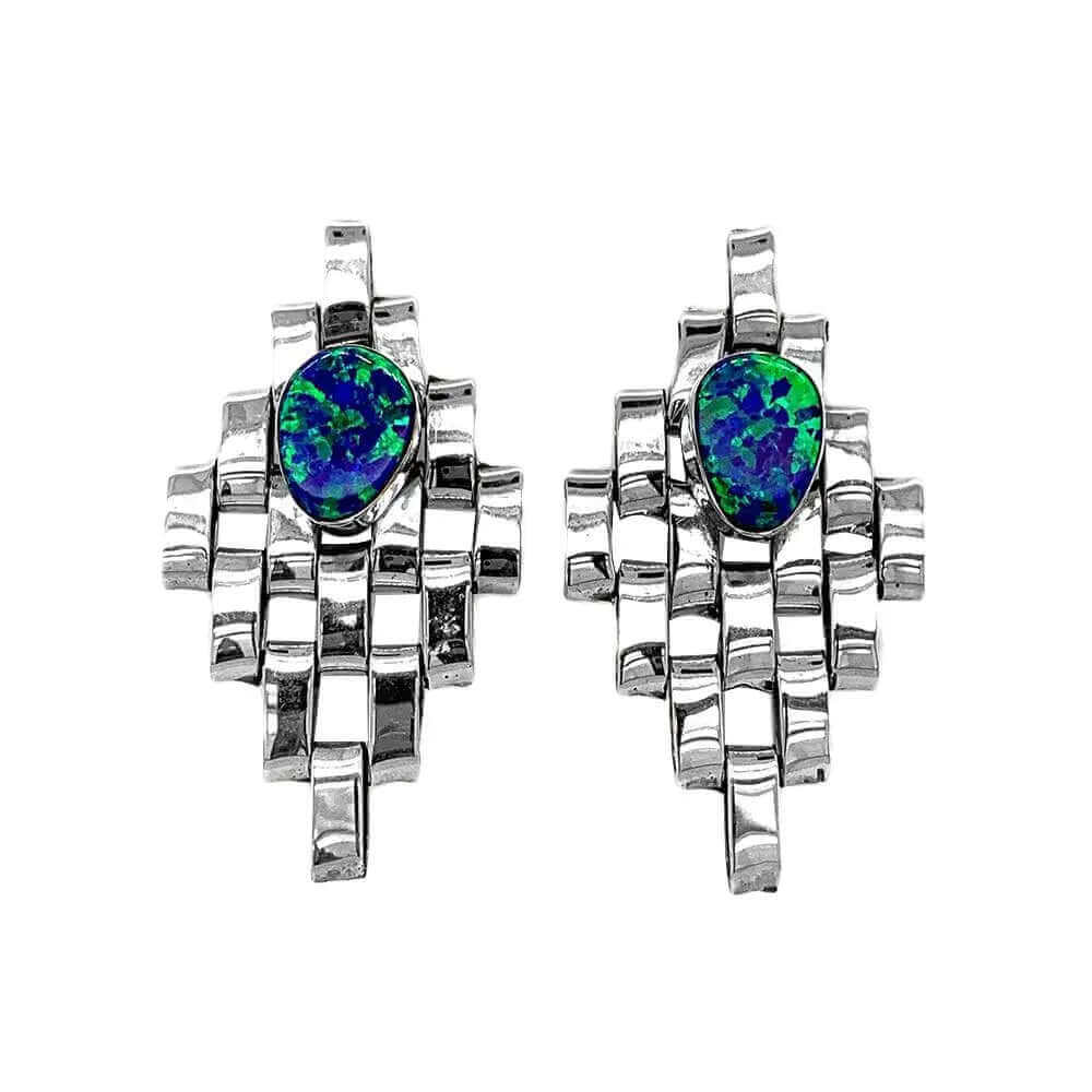 Silver Links Earrings With Synthetic Opal - Nueve Sterling