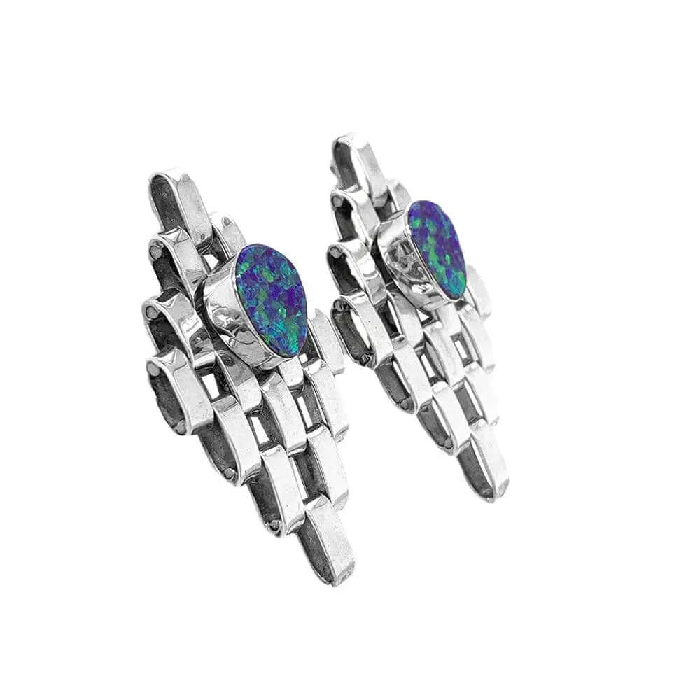 Silver Links Earrings With Synthetic Opal side - Nueve Sterling