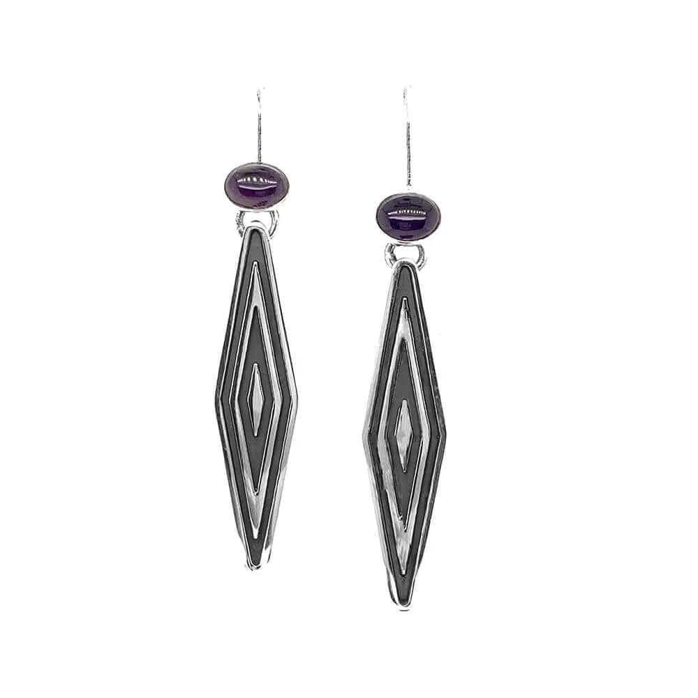 Silver Long Rhombus Earrings with Amethyst - Nueve Sterling