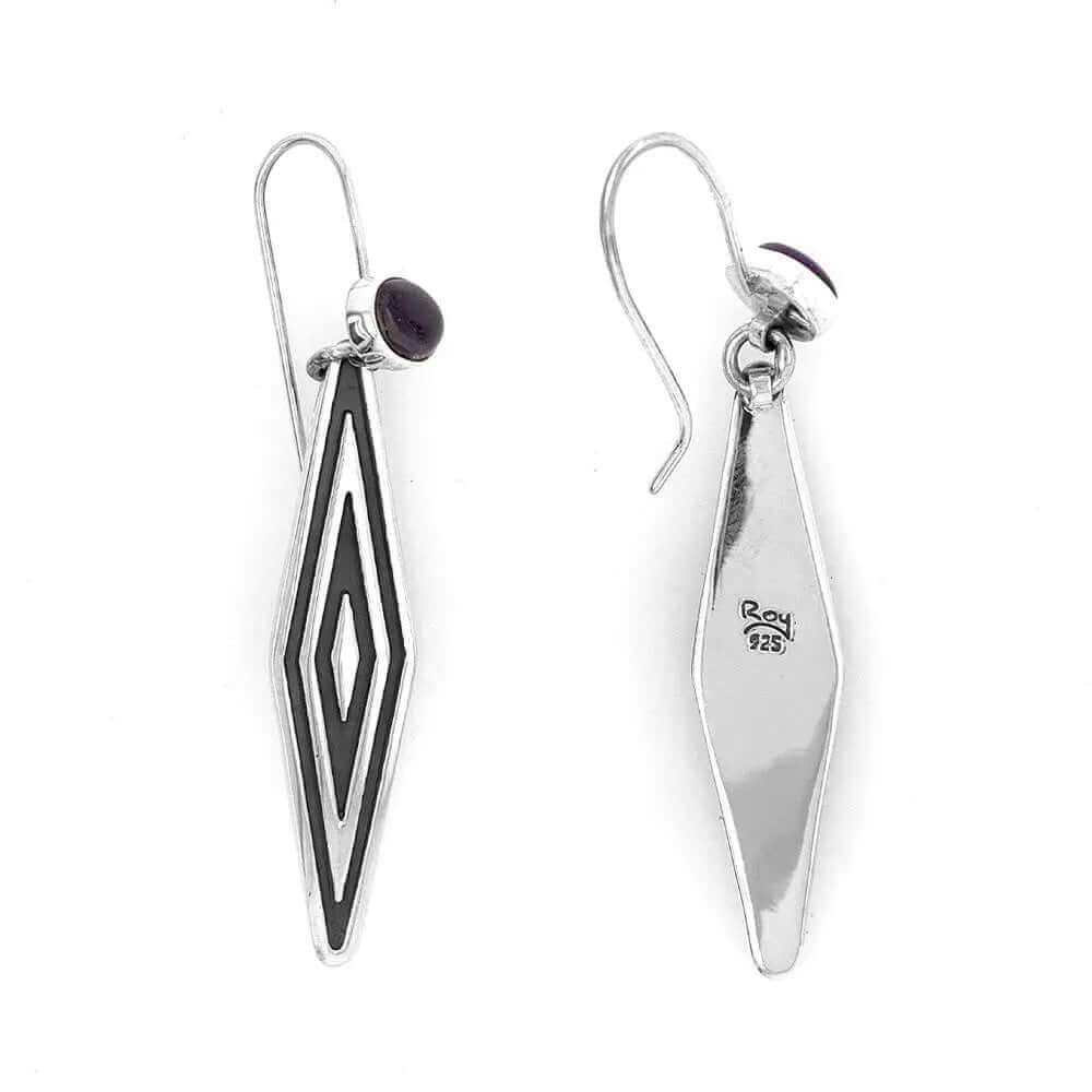 Silver Long Rhombus Earrings with Amethyst top - Nueve Sterling