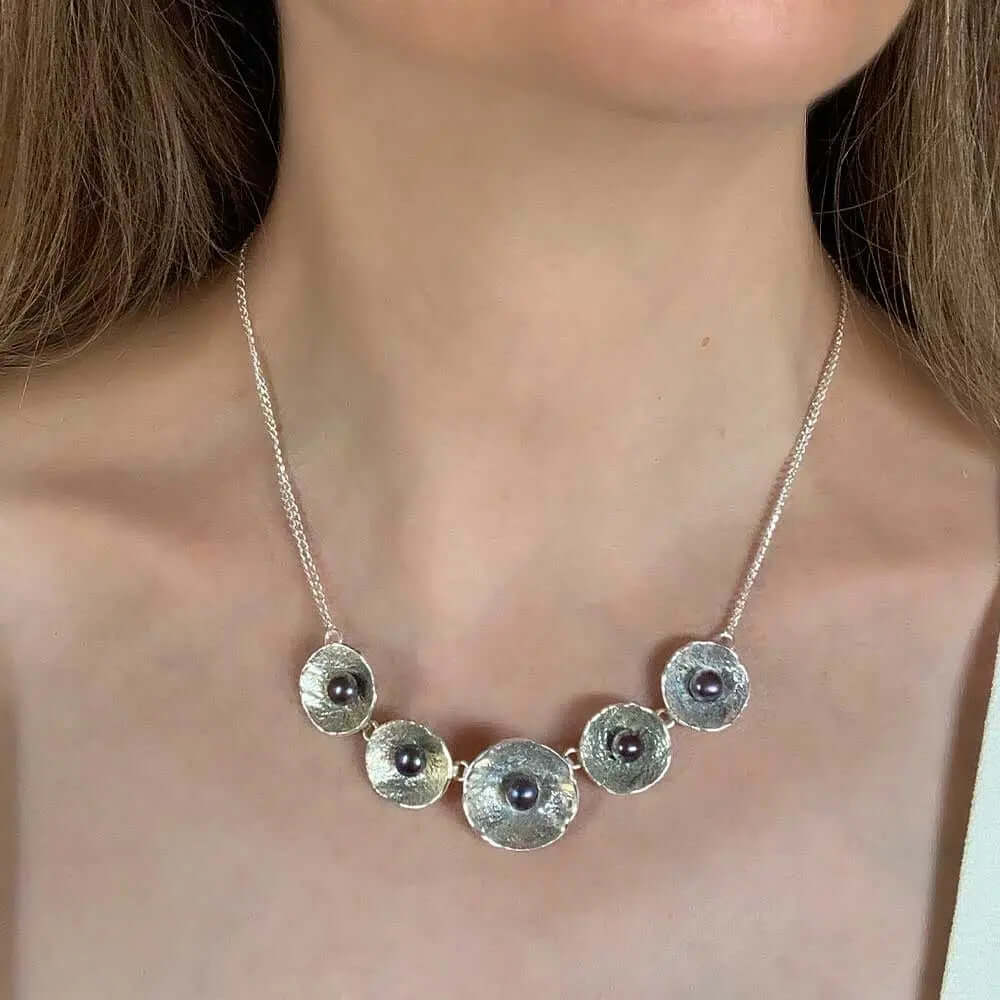 Silver Necklace With Five Discs And Dark Pearls with model - Nueve Sterling