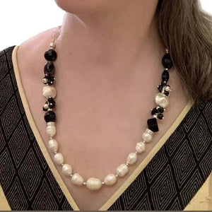 Silver Necklace With Onyx And Pearls with model - Nueve Sterling