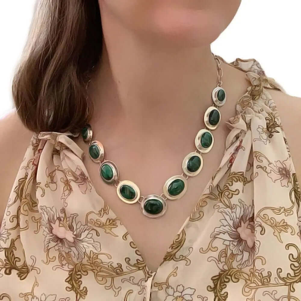 Silver Necklace with Malachite with model - Nueve Sterling