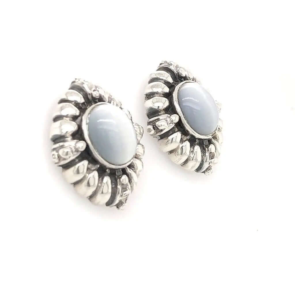 Silver Oval Earrings with Cats Eye side - Nueve Sterling