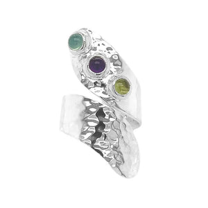 Silver Ring With Hammered Finish Blue Topaz Amethyst And Peridot  Nueve Sterling-