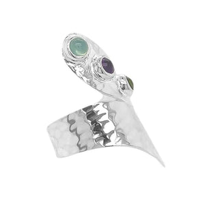 Silver Ring With Hammered Finish Blue Topaz Amethyst And Peridot - Nueve Sterling 