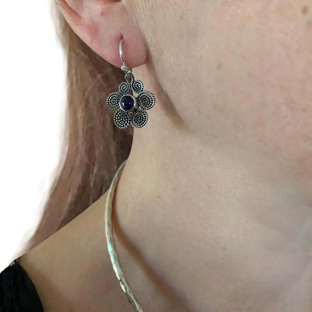 Silver Spiral Flower Earrings with Amethyst with model - Nueve Sterling
