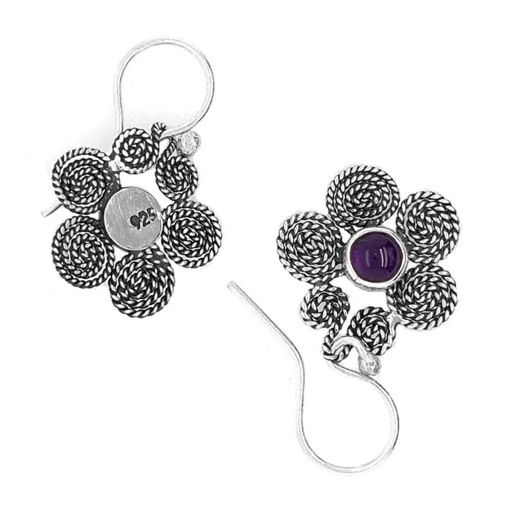 Silver Spiral Flower Earrings with Amethyst top - Nueve Sterling