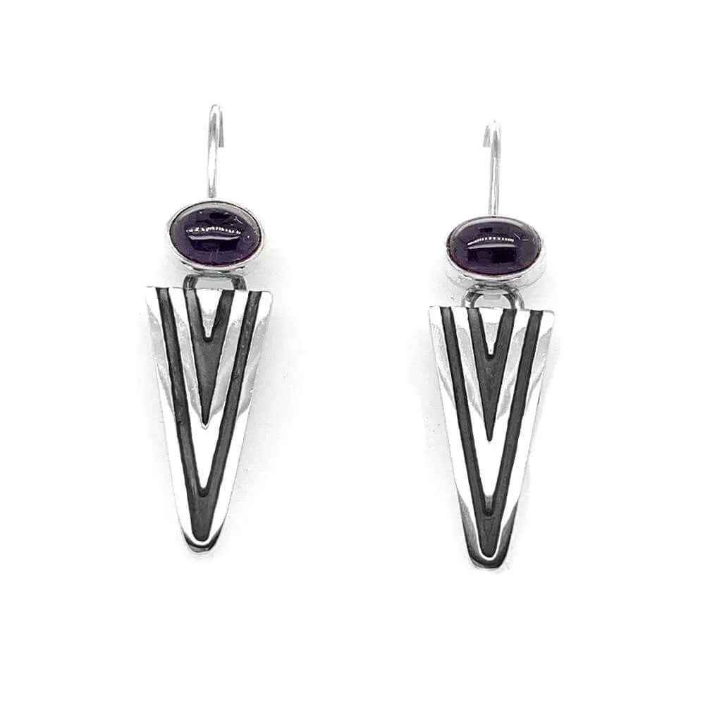 Silver Triangle Earrings with Amethyst - Nueve Sterling