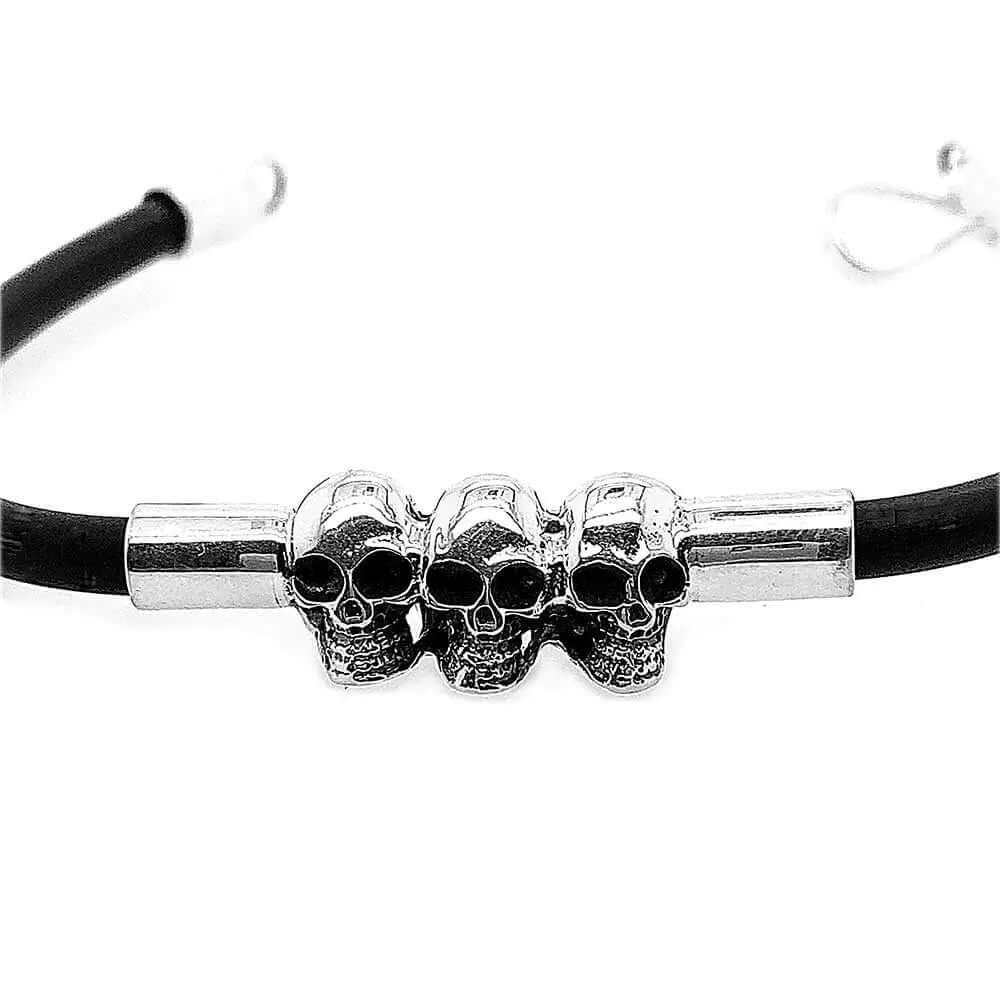Triple Silver Skull Bracelet with Rubber details - Nueve Sterling