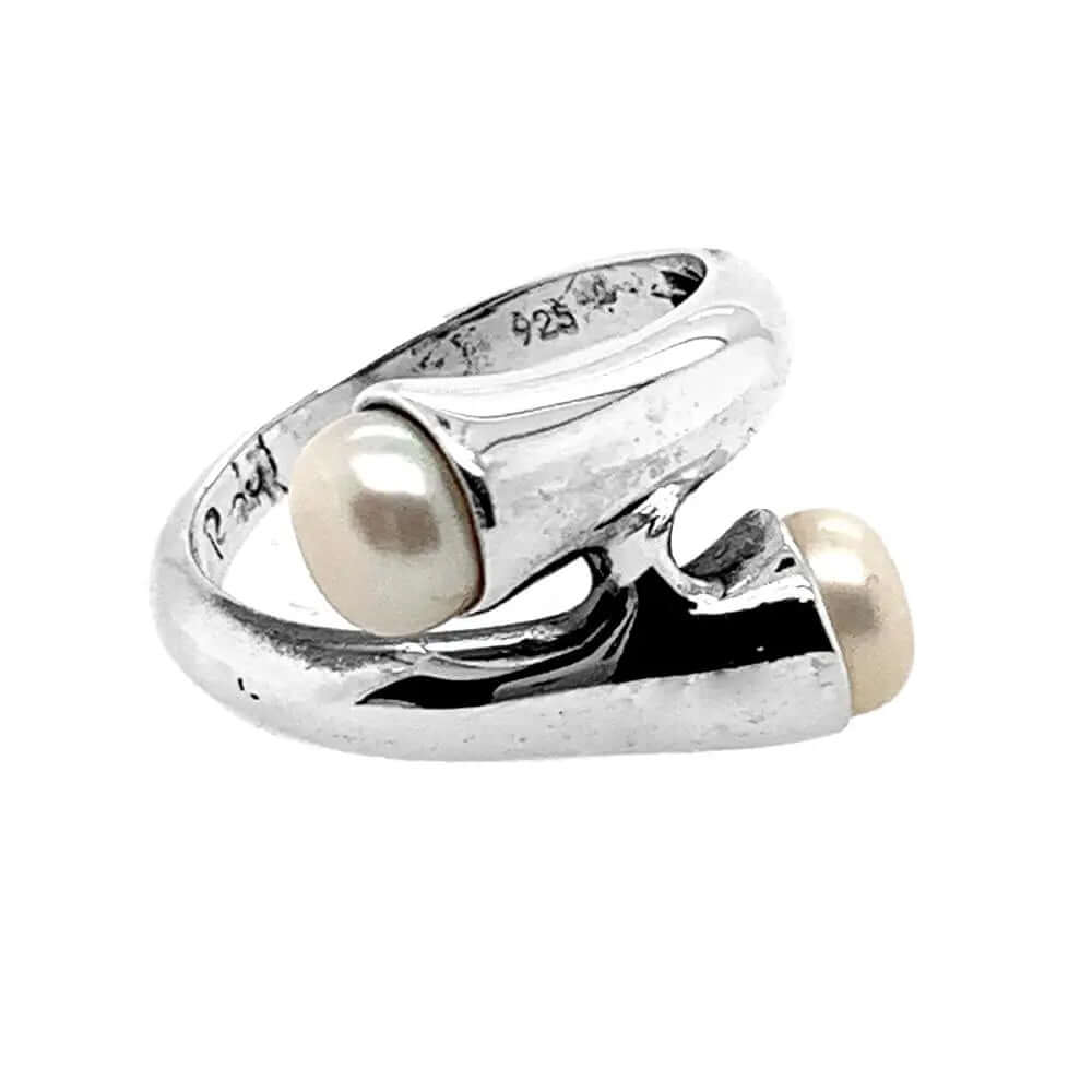 Silver Tubular Ring and Pearls side - Nueve Sterling