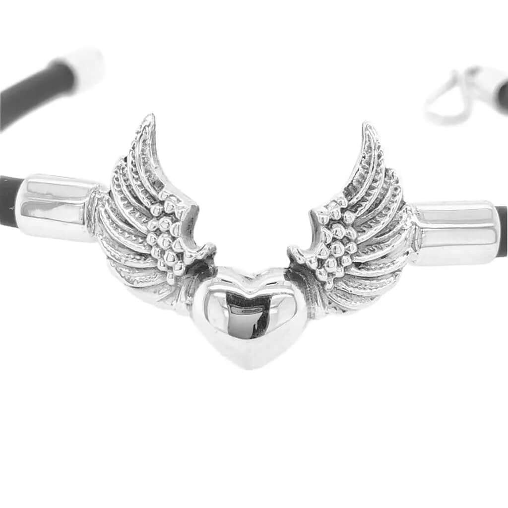 Silver Winged Heart Bracelet with Rubber detail - Nueve Sterling