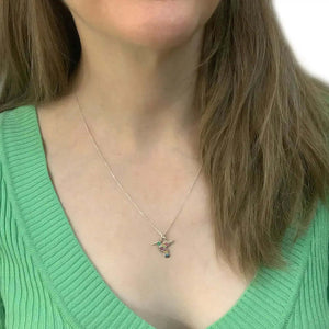 Small Hummingbird Enamel Silver Pendant with model - Nueve Sterling