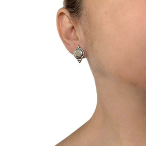 Small Round Silver Earrings with model - Nueve Sterling