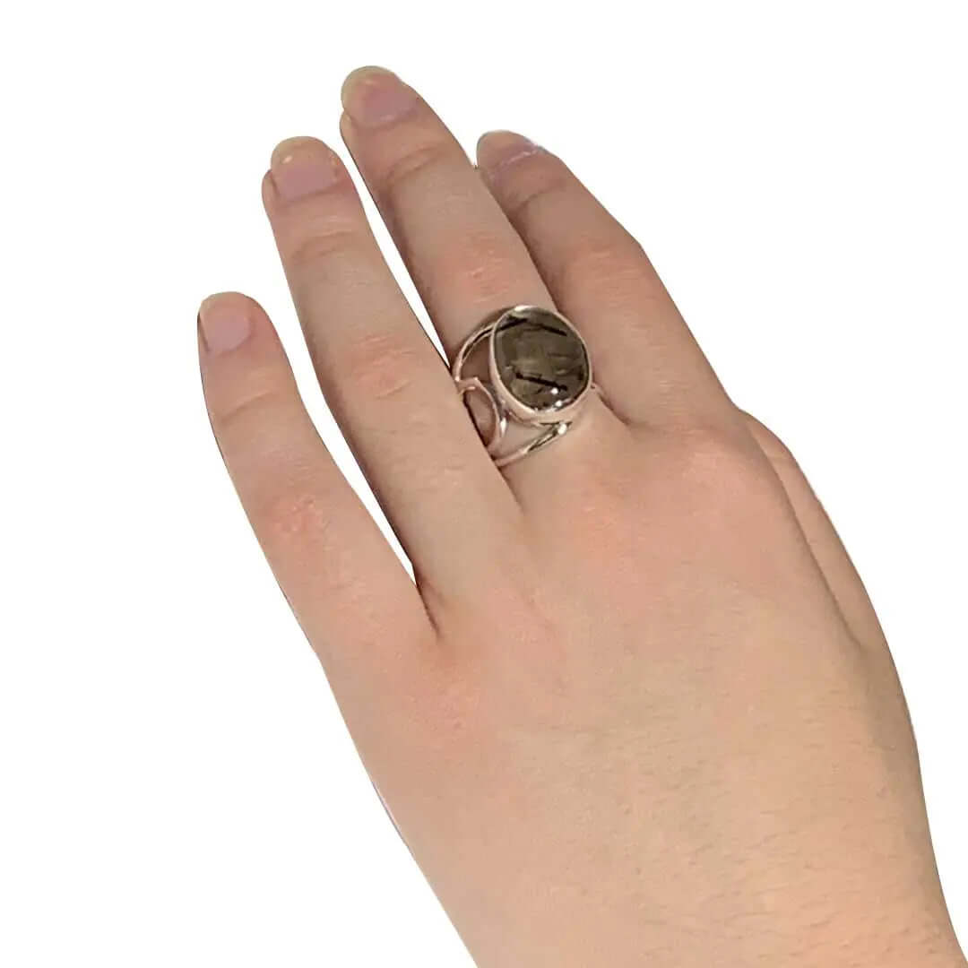 Smoky Rutilated Quartz Wired Silver Ring with model | Nueve Sterling