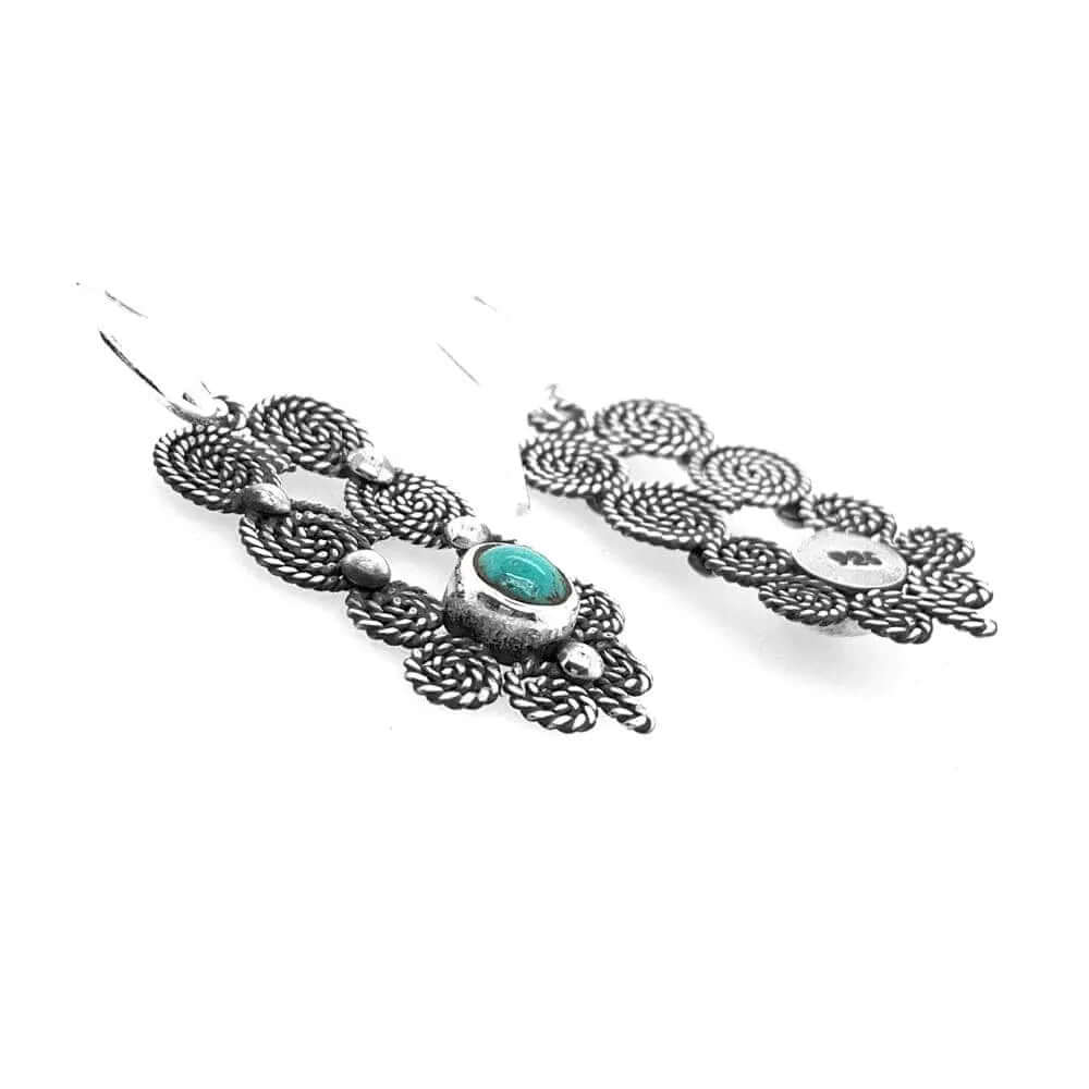 Spiral Turquoise Flower Silver Earrings flat - Nueve Sterling
