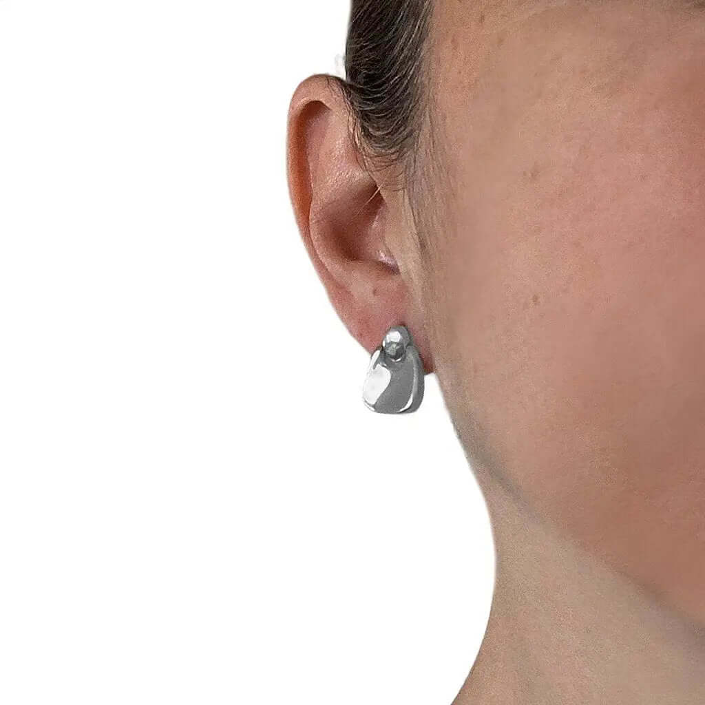 Square Silver Earrings with model - Nueve Sterling