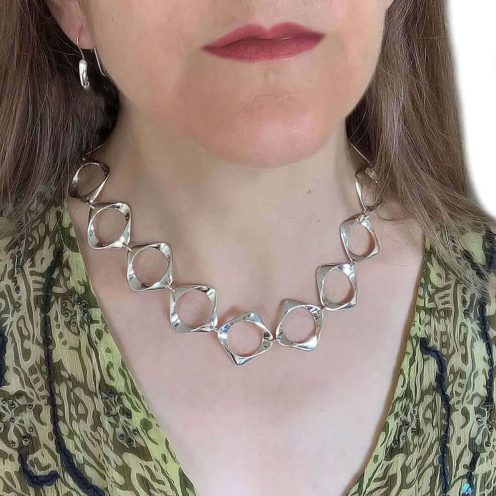 Stylized Squares Necklace In Silver with model - Nueve Sterling