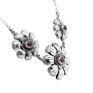 Flowers with Garnet Silver Necklace side - Nueve Sterling