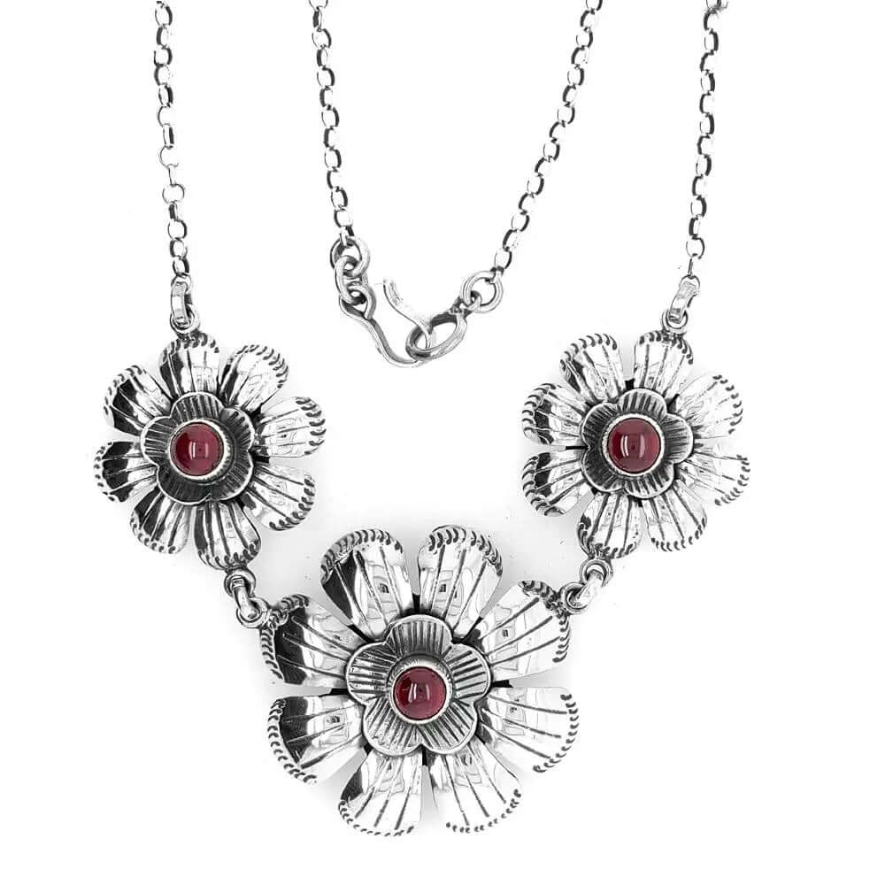 Flowers with Garnet Silver Necklace top - Nueve Sterling