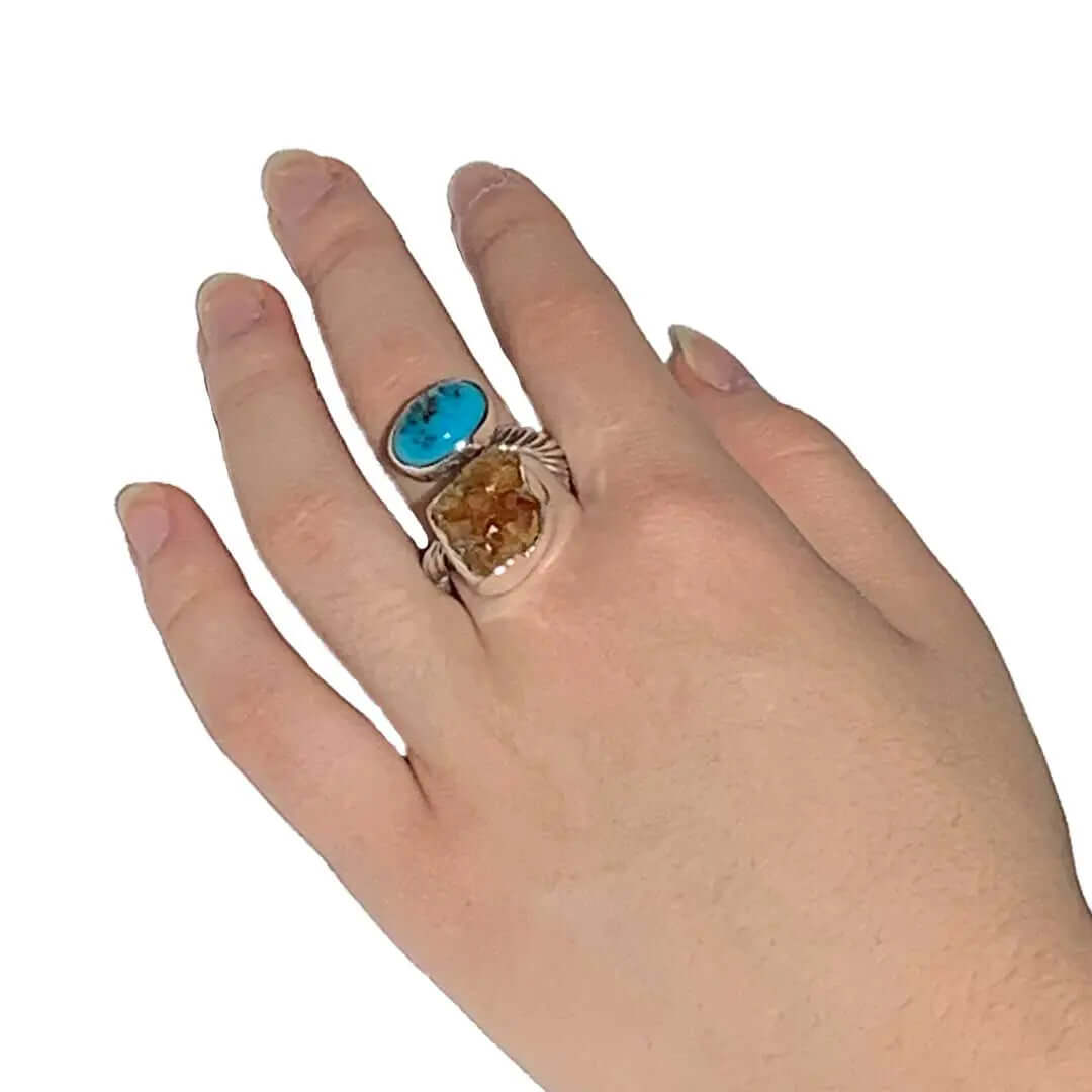 Turquoise Raw Stone Rope Silver Ring with model - Nueve Sterling
