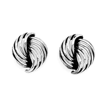 Front layout view of a pair of handmade 925 sterling silver swirl earrings showcasing their fluid, tapered loops and high-polish finish.