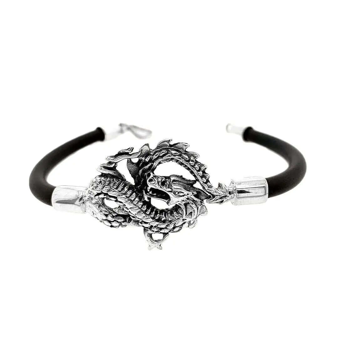 Unisex Rubber Bracelet with Silver Dragon - Nueve Sterling